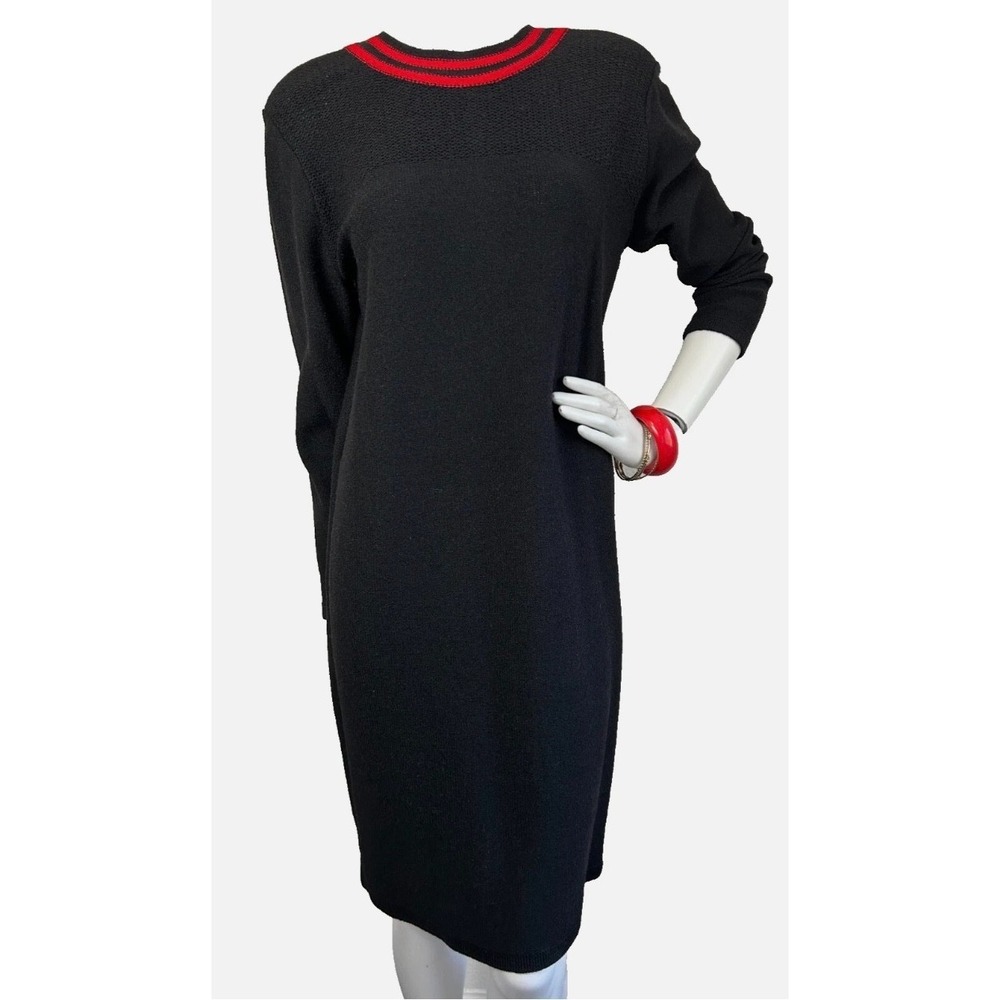 80s Antonella Preve Wool Dress Size Medium Black Santana Knit Long Sleeve EUC